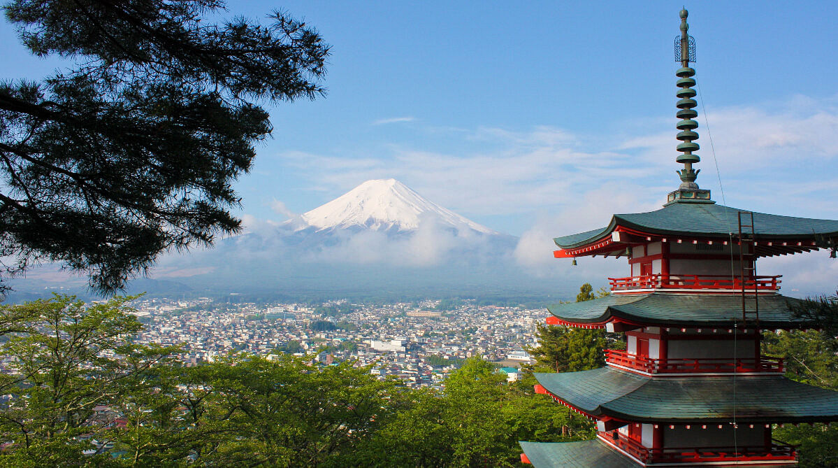 Temple with a view of Mount Fuji