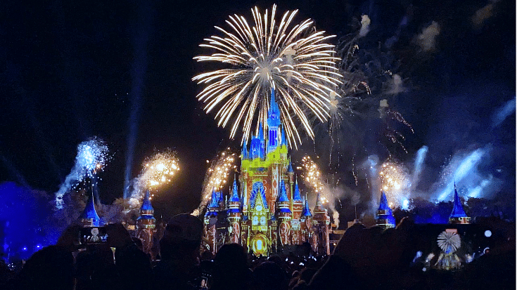 An image of the pink castle at Disneyland Paris with fireworks going off behind it in the night time, illustrating a blog post entitled  Trending Winter Family Holidays for Brits