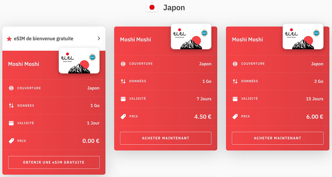 carte esim pour le japon : exemples de forfaits avec airalo