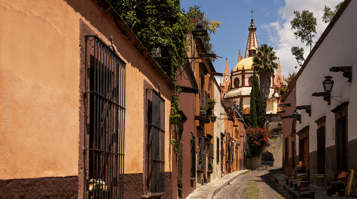 street leading to a church in Mexico