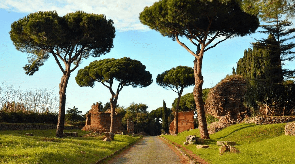 Trees and ruins lining the Appian Way, Rome