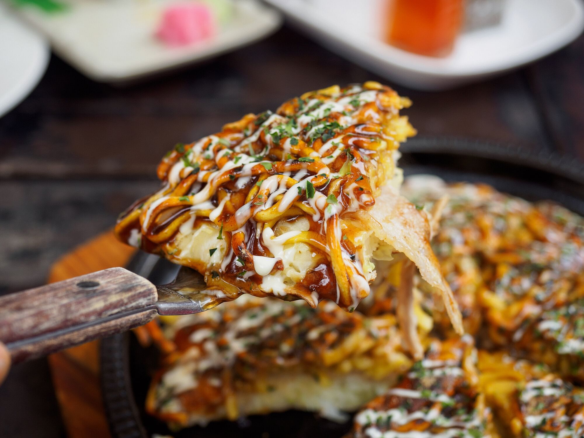 Okonomiyaki being served