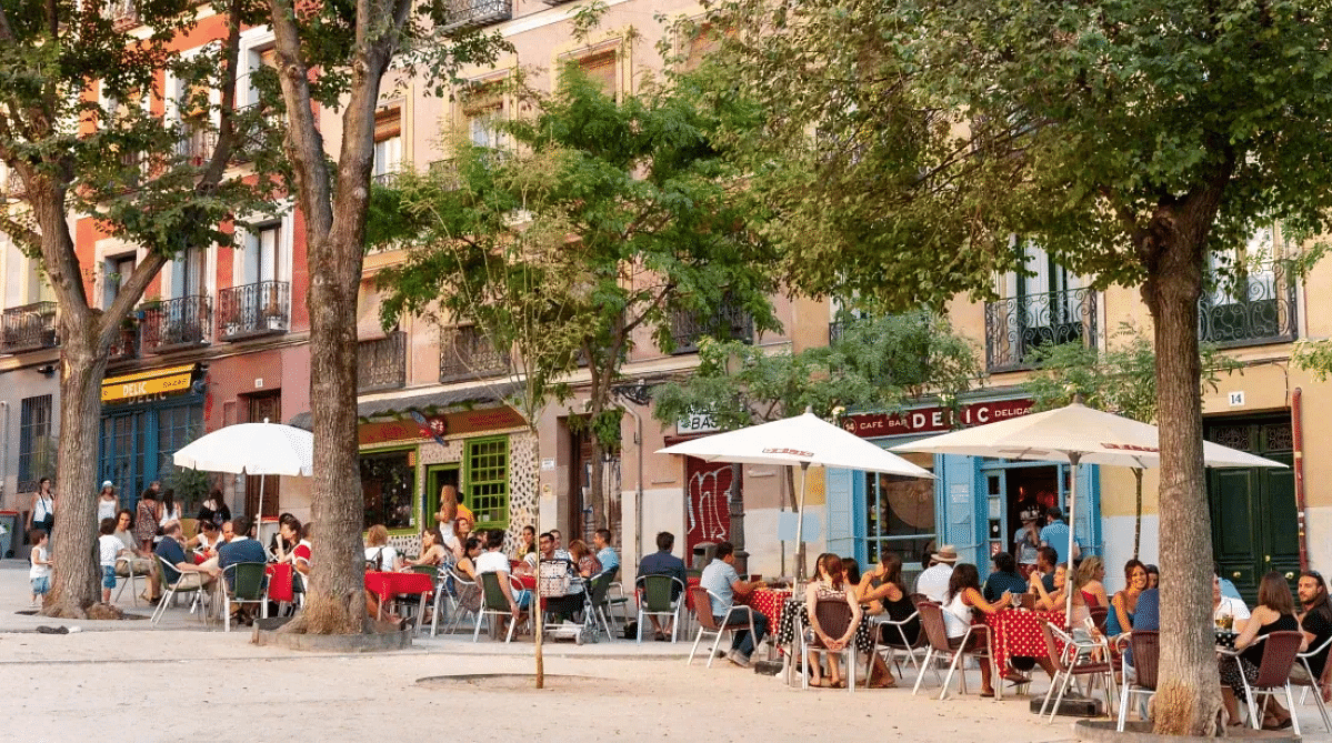 People sitting at outdoor restaurants in La Latina neighborhood, Madrid