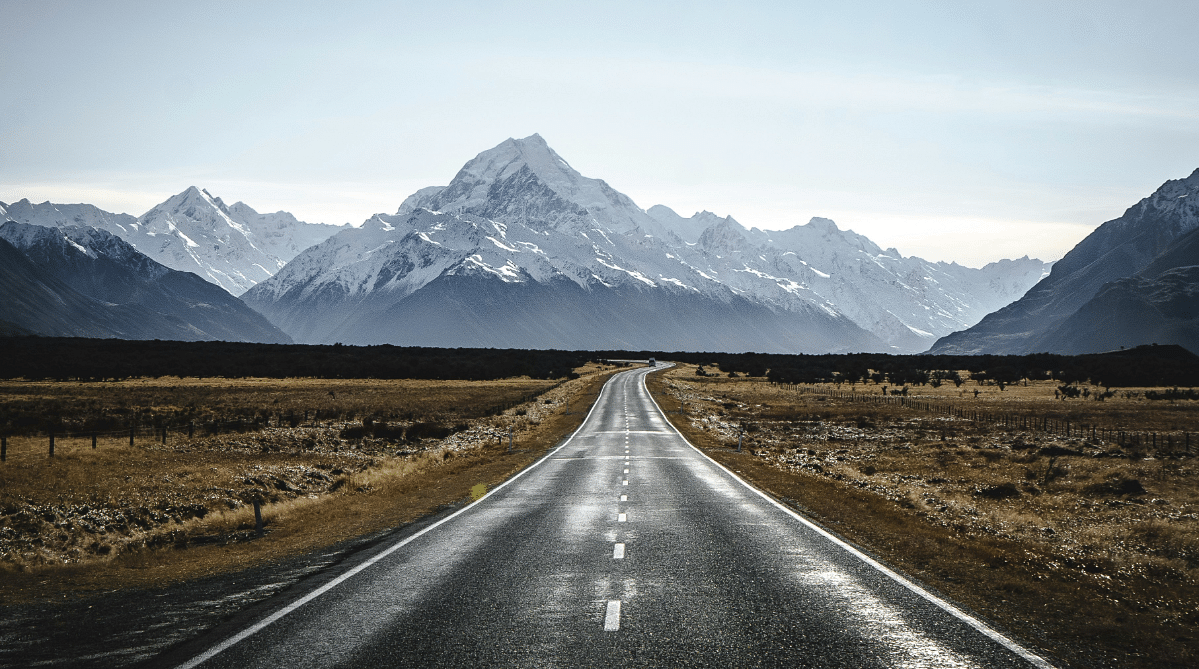 Road winding through Mount Cook National Park, New Zealand